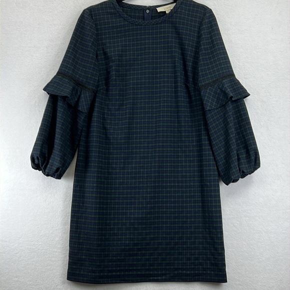 Loft Dress Women’s Size 6 Blue/Green Plaid Fun Sleeve Detail Poly/Rayon/Spandex - Picture 2 of 12
